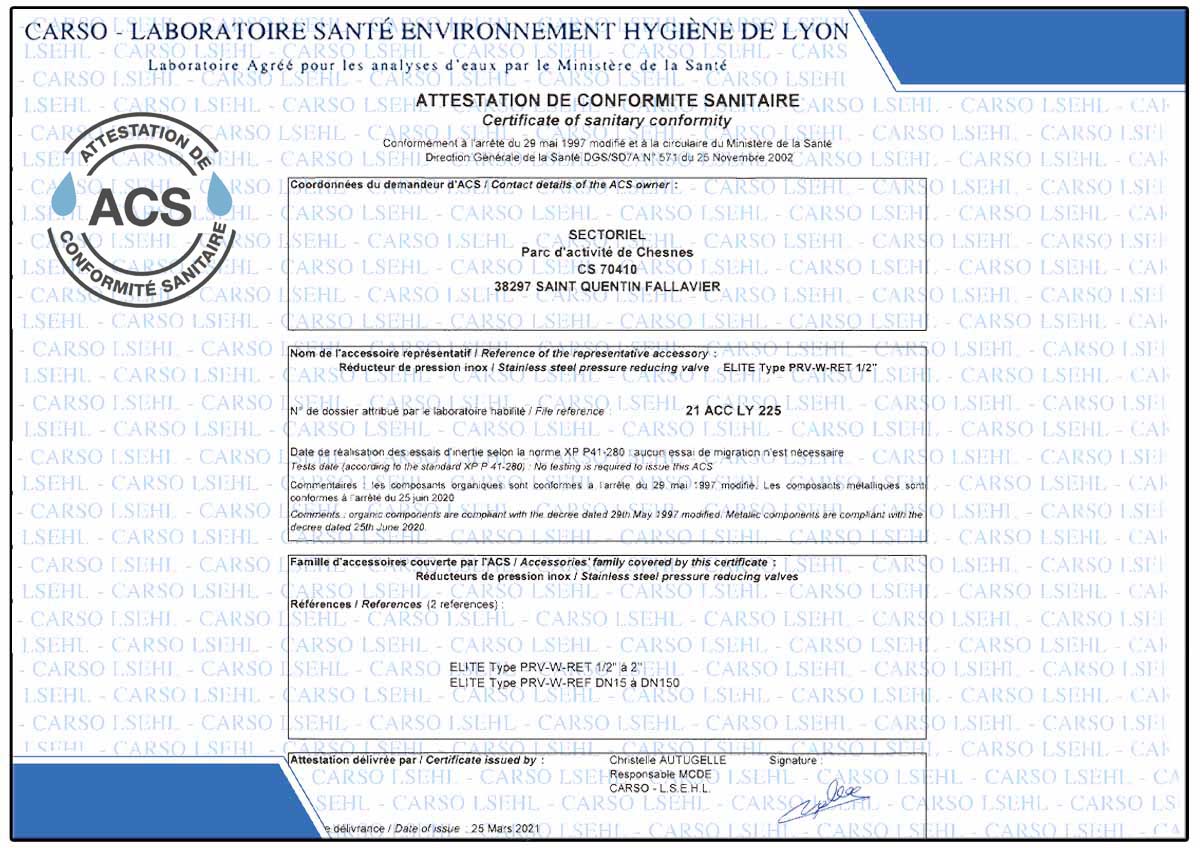 Z-Tide 직동식 감압밸브는 음용수용 ACS 규정을 준수합니다.