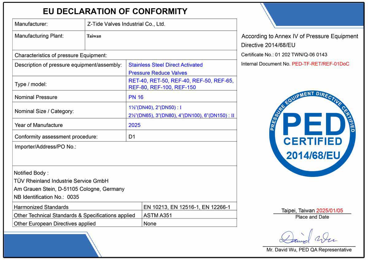 Z-Tide 직동식 감압밸브는 압력기기지침(PED)을 준수합니다